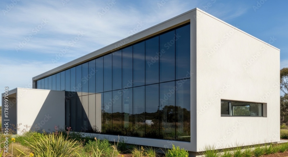 Fototapeta premium Modern building with glass wall, minimalist design under a clear blue sky