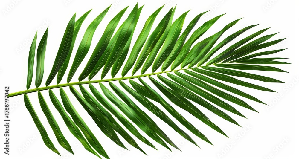 Fototapeta premium Isolated palm frond against white background studio shot for tropical foliage design element concept