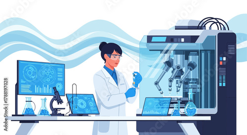 Female scientist conducting research with advanced technology and equipment in a lab environment