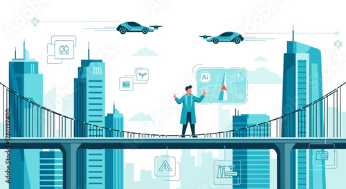 Futuristic city skyline with flying cars and augmented reality interface over bridge