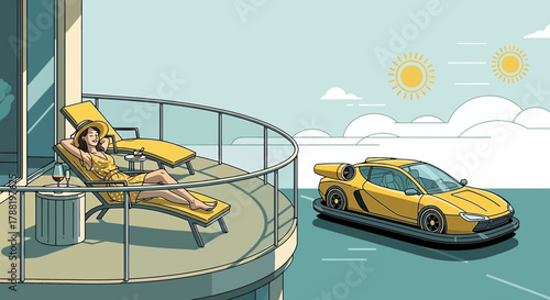 Futuristic getaway showing a woman relaxing on a balcony next to her flying car