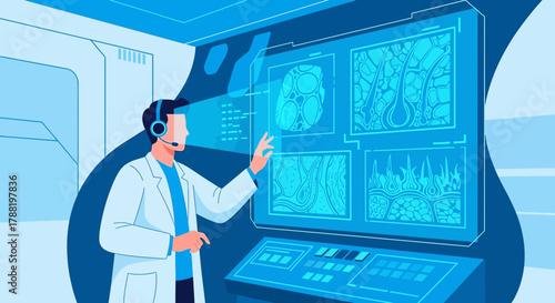 Futuristic Medical Professional Analyzing Skin Cells Data Interface for Diagnosis