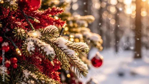 Snow covered pine tree branch with red ornaments and string lights in winter forest