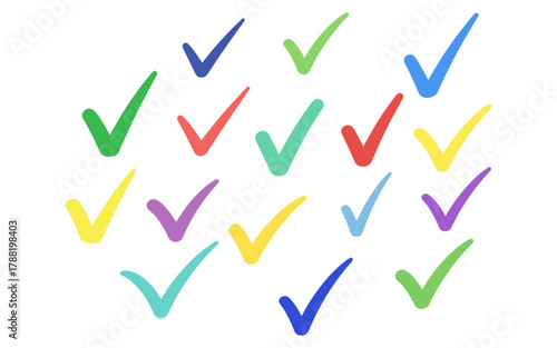 Colorful Check Marks Scattered on White Background, Symbolizing Success and Agreement