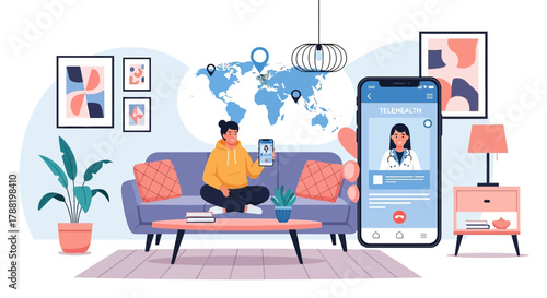 Global Reach of Telehealth Services: A Woman Connects with a Doctor Remotely from Home