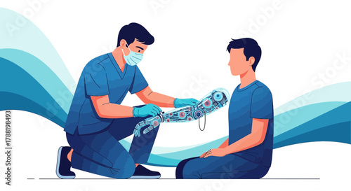Healthcare Professional Attaching a Robotic Arm to a Patient in a Medical Setting