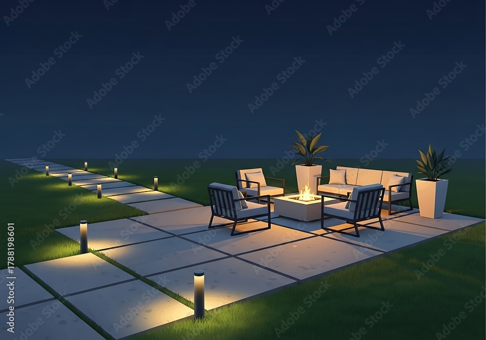Fototapeta premium Modern outdoor lounge with fire pit under the starlit night sky view