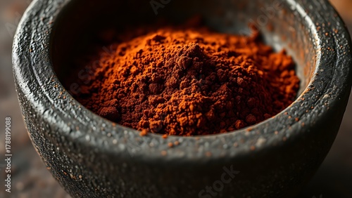 molcajete. Ground ancho chili powder in a traditional molcajete, rich dark red textured surface. menu design, packaging mockups, designed for culinary blogs and recipe cards for restaurants.