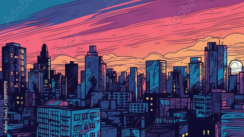 Colorful Urban City Landscape and Downtown Skyline Illustration, Modern Architecture with Skyscrapers, Buildings and Streets, Bright Yellow Orange Halftone Burst Design for Comic Banner Background