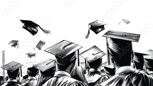 Monochrome Graduation Ceremony with Class of Graduates and Caps