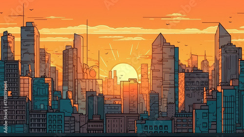 Colorful Urban City Landscape and Downtown Skyline Illustration, Modern Architecture with Skyscrapers, Buildings and Streets, Bright Yellow Orange Halftone Burst Design for Comic Banner Background