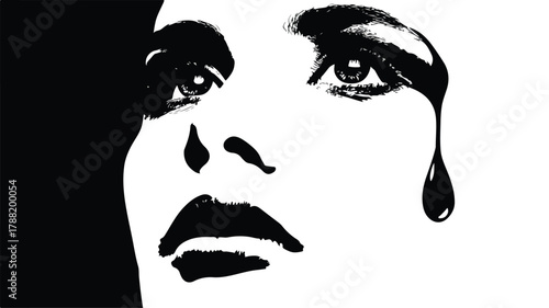 Monochrome Portrait with Tear Drop - Emotional Face Expression Concept