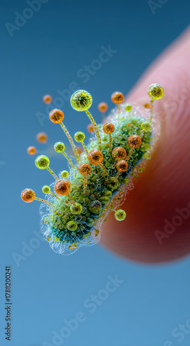Microscopic View of Virus or Bacteria on Human Finger, Science Concept