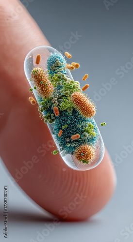 Microscopic Bacteria & Virus Illustration, Finger Holding Capsule, Infection Concept
