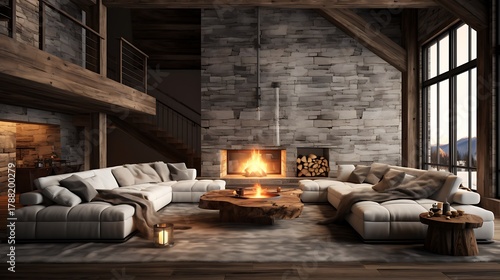 Luxurious modern mountain lodge living room with roaring fireplace, plush sofas, and breathtaking winter landscape views through expansive windows.