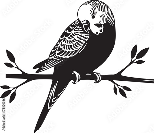 Stylized black and white parakeet bird perched on a branch graphic illustration