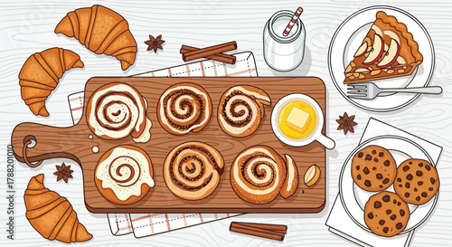 A delicious assortment of freshly baked pastries including croissants cinnamon rolls cookies and apple pie served with butter and milk