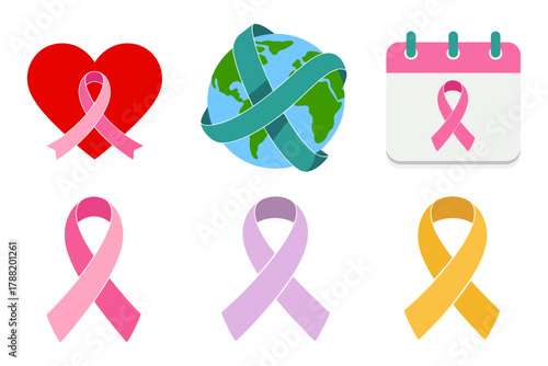 Flat vector icons for global awareness, featuring pink and yellow support ribbons, heart symbol, world globe, and calendar dates.