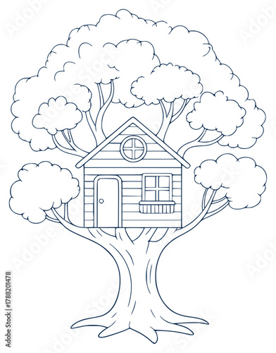 A charming line drawing of a treehouse nestled within a large, leafy tree