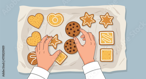 Hands reaching for freshly baked cookies of various shapes and sizes arranged on a white paper surface