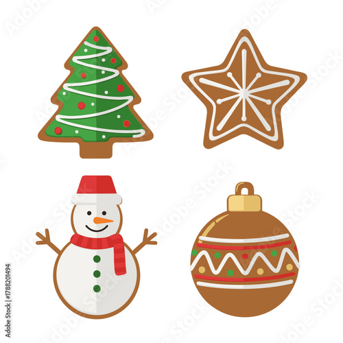 Christmas gingerbread cookies in tree, star, snowman, and ornament shapes  