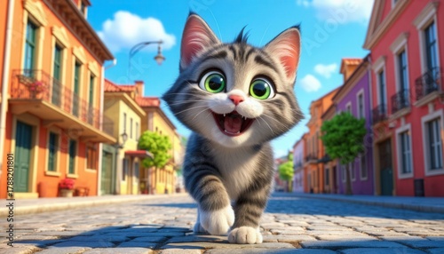 Cheerful cartoon cat with bright eyes walking through city streets, amazed by buildings, perfect for children’s media, urban storytelling, and festive design projects.