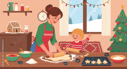 Mother and child happily bake christmas cookies together in a cozy kitchen decorated for the holidays