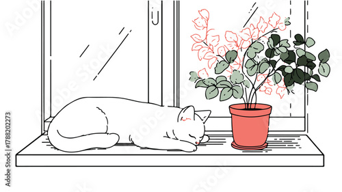 Cozy Cat Sleeping on Window Sill with Plant in Corner