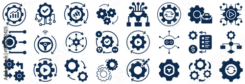 Collection of Dark Blue Icons Representing Automation and Processes