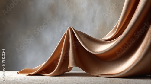 satin mocha fabric backdrop, shallow folds, soft speculars, elegant drape, studio sweep