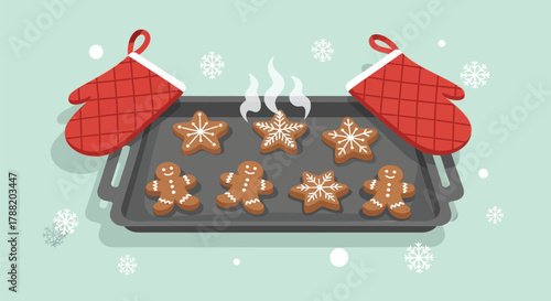 Freshly baked christmas gingerbread cookies shaped like snowflakes and gingerbread men on a baking sheet with oven mitts and falling snow