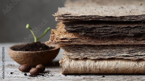 handmade kraft paper with deckled edges, coffee-stained patina, speckles, natural fibers visible