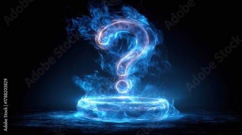 Glowing Neon Curiosity concept. Mystical glowing question mark in a dark setting.