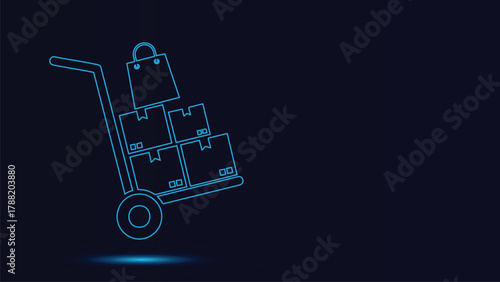 Modern Digital Line Art Illustration of a Hand Truck Dolly Stacked High with Cardboard Shipping Boxes and a Retail Shopping Bag Conveying Fast Ecommerce Delivery Logistics and Freight Transp