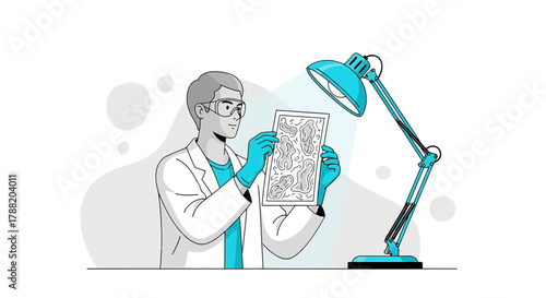 Illustration of a scientist analyzing a sample under a lamp in a laboratory setting