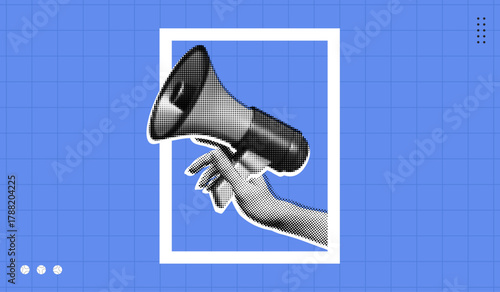 Trendy Halftone Collage Hand holding Megaphone from white frame. Hot news or announce discounts sale. Dots speaker or loudspeaker. Social media promotion. Contemporary vector illustration art