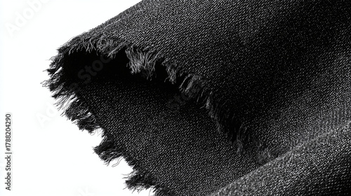 Close-up shot of a textured black fabric with frayed edges. Capturing the fabric's detail and tactile feel, with the rugged edge providing a distinct visual contrast.
