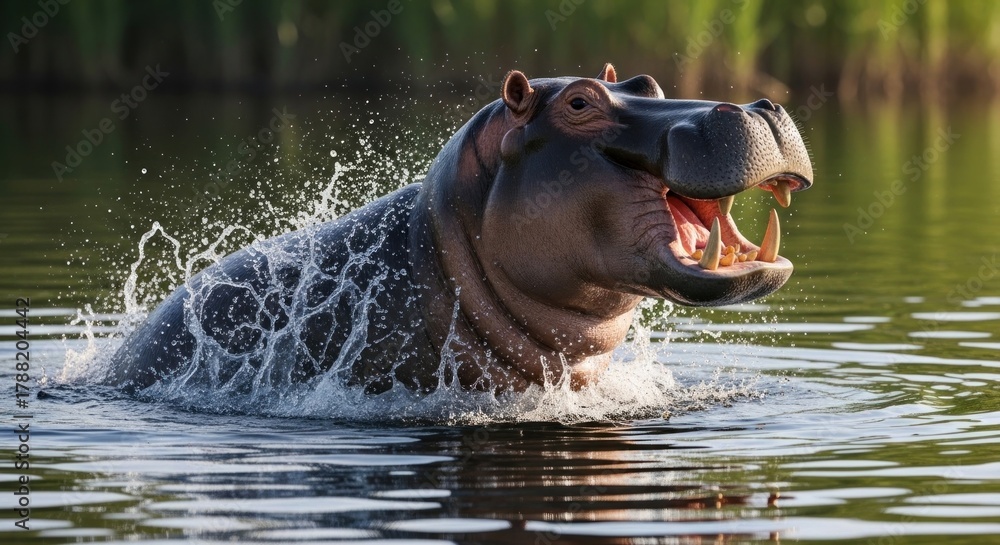 Fototapeta premium Large hippopotamus, half submerged, splashes water in lake, wide open mouth, sunlight