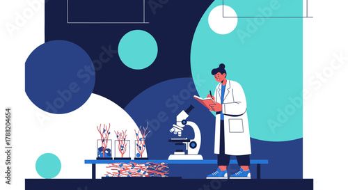 Illustration of a scientist in a lab coat taking notes on a scientific experiment or research