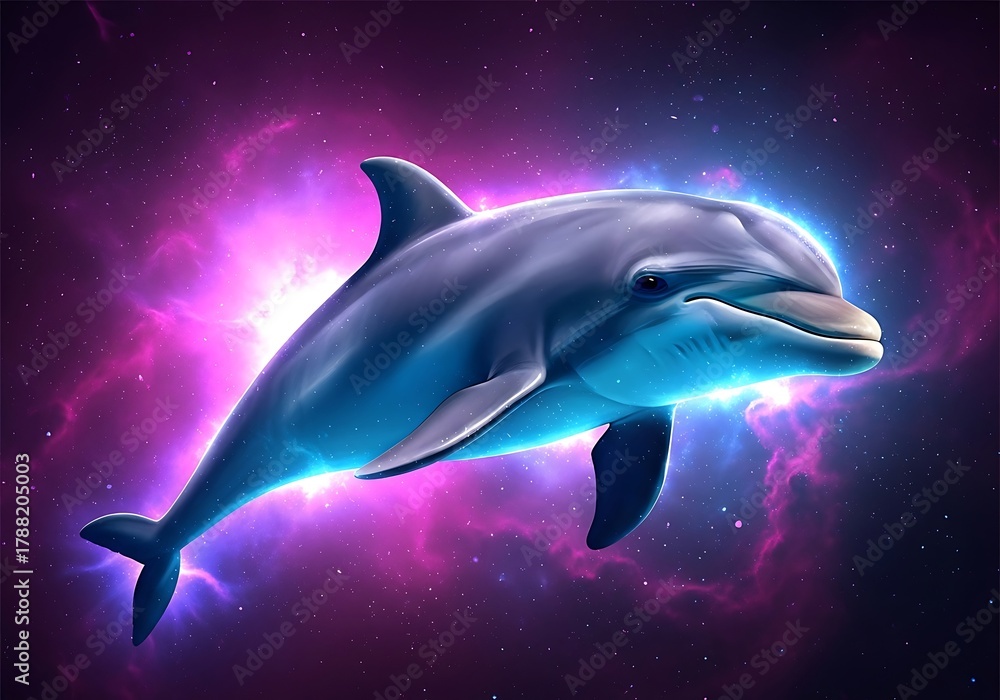 Fototapeta premium Mystical dolphin swims through cosmic nebula illustration digital art
