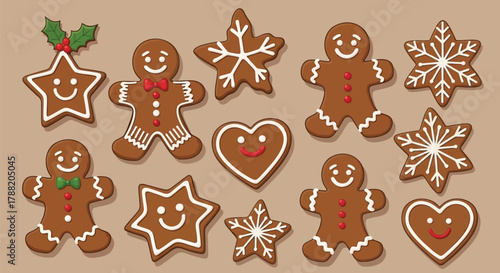 A delightful collection of festive gingerbread cookies including gingerbread men stars and hearts decorated with icing