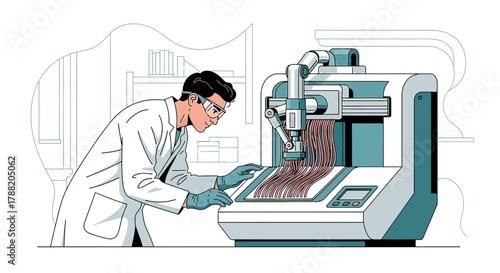 Illustration of a scientist operating an advanced machine in a laboratory setting to conduct