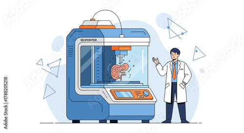 Illustration of a scientist presenting a bioprinting device for organ regeneration showcasing
