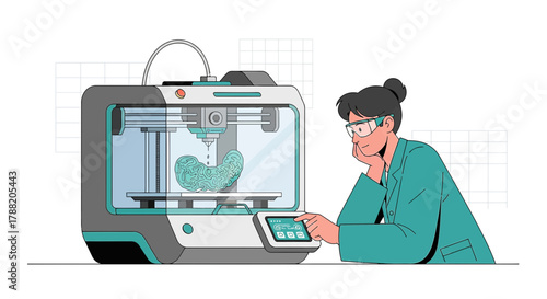 Illustration of a scientist using a 3D printer to create a bioengineered organ