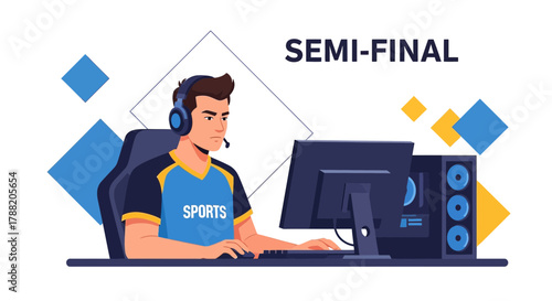 Illustration of a semi-final esports gamer with headset playing video games online concept