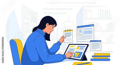 Illustration of a woman working on a tablet in front of a bookshelf and websites