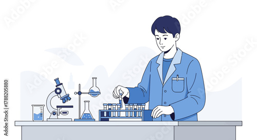Illustration of a young male scientist conducting experiments in a modern laboratory setting with