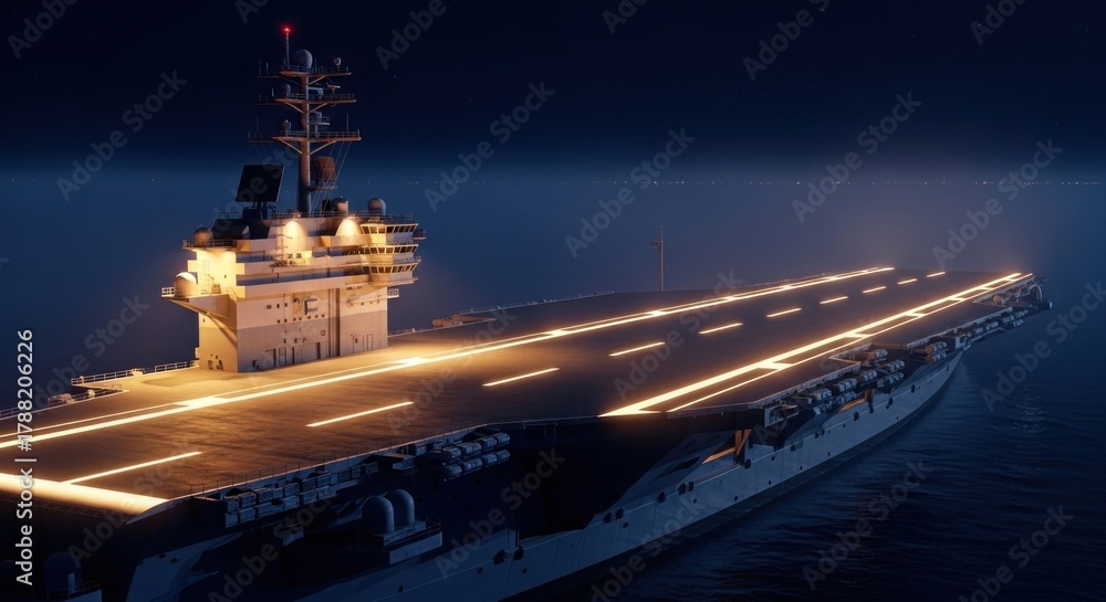 Fototapeta premium Lit aircraft carrier at night, with flight deck lights and distant ocean lights