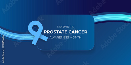 Prostate cancer awareness month banner with blue ribbon and blue wave. November is prostate cancer awareness month. Mens health month