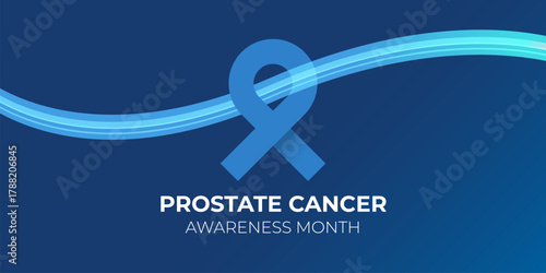 Prostate cancer awareness month banner with blue ribbon and blue wave. November is prostate cancer awareness month. Mens health month